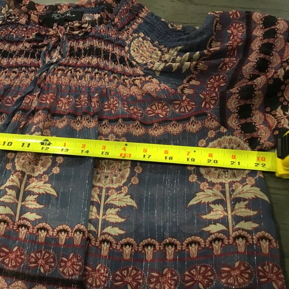 RD Koko Boho Metallic Floral Peasant Blouse Gray Black Rust Gold L – Chic - Picture 13 of 14